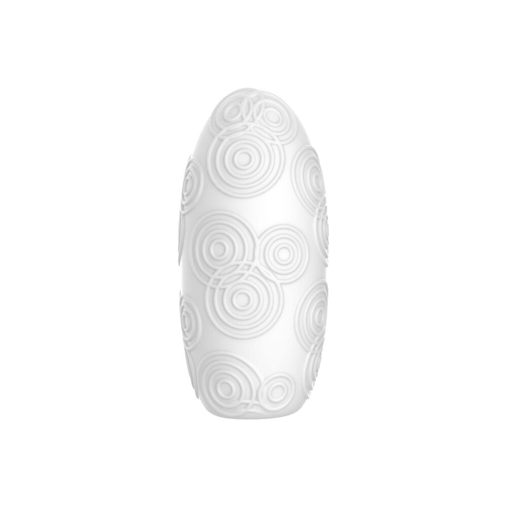 Close-up of a textured, medium-sized cock ring from Toy Joy, a grey rubbery masturbator.