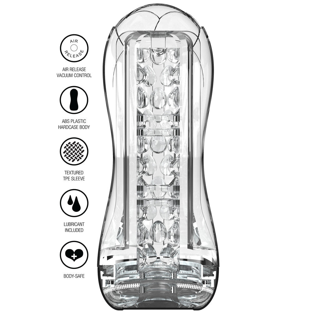 clear ToyJoy Hero vacuum stroker showing internal texture for stimulating male pleasure, masturbators