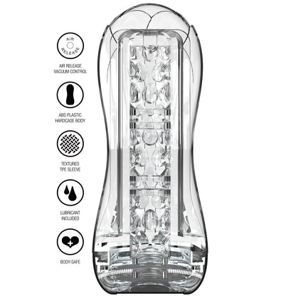 clear ToyJoy Hero vacuum stroker showing internal texture for stimulating male pleasure, masturbators