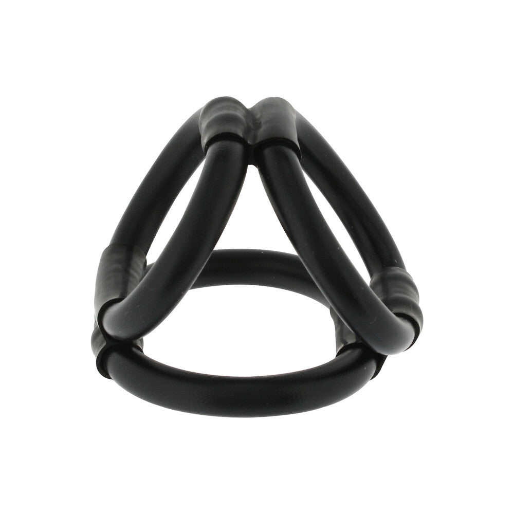 A silver-tone tri 3 ring cock cage from Seven Creations, love ring style.