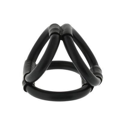 A silver-tone tri 3 ring cock cage from Seven Creations, love ring style.