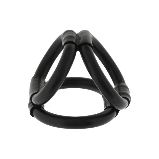 A silver-tone tri 3 ring cock cage from Seven Creations, love ring style.