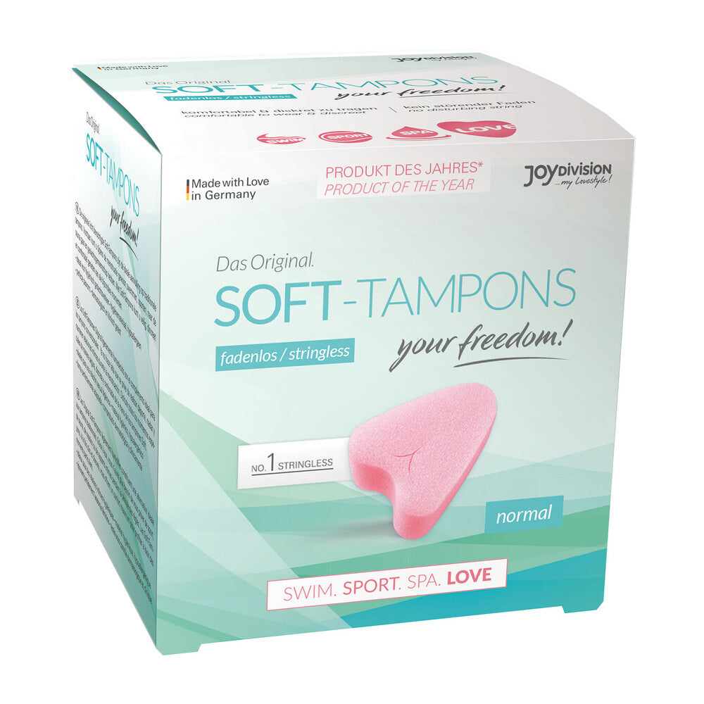 Joy Division stringless soft tampons, normal absorbency, three pieces. Personal hygiene product.