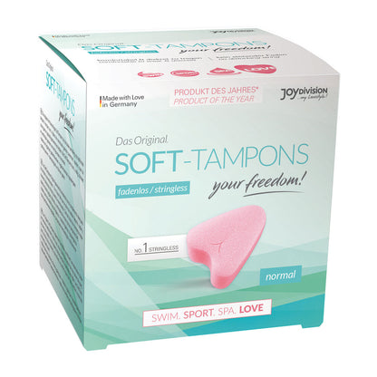 Joy Division stringless soft tampons, normal absorbency, three pieces. Personal hygiene product.