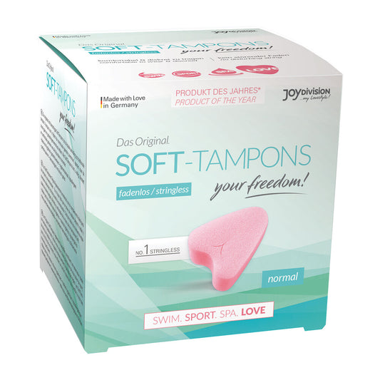 Joy Division stringless soft tampons, normal absorbency, three pieces. Personal hygiene product.