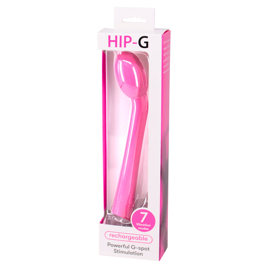 Close-up of a sleek, rechargeable g-spot vibrator from seven creations, showing its curved tip.