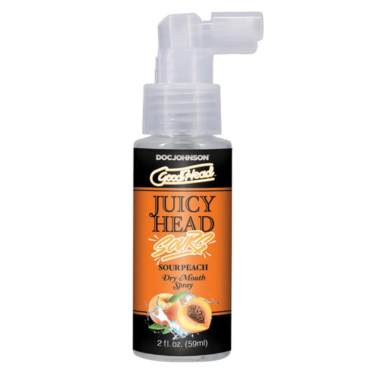 Doc Johnson GoodHead sour peach flavoured lubricant designed to combat dry mouth, in a peachy orange bottle.