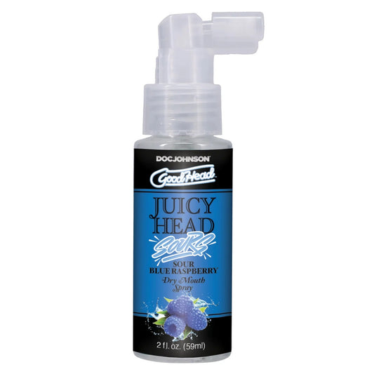 Doc Johnson GoodHead juicy dry mouth sour raspberry lubricant, bright blue bottle, for intimate use.