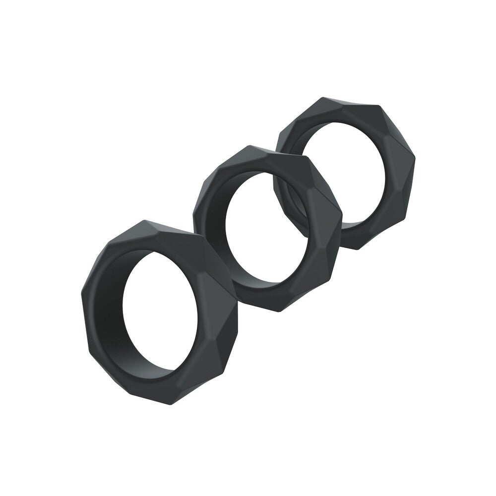 Close-up of a heavy metal cr*ck ring set from Hidden Desire, love rings.