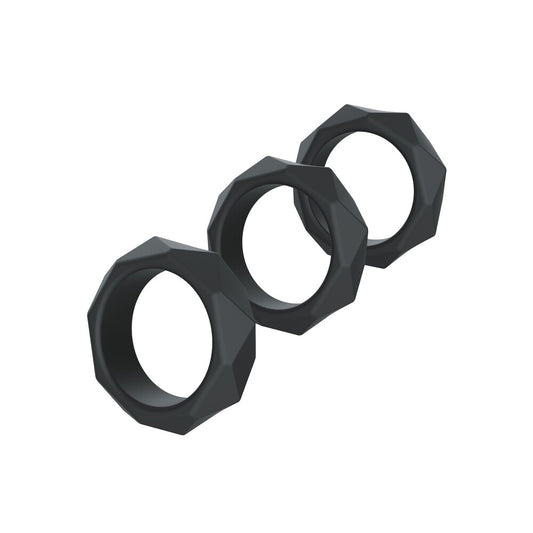 Close-up of a heavy metal cr*ck ring set from Hidden Desire, love rings.