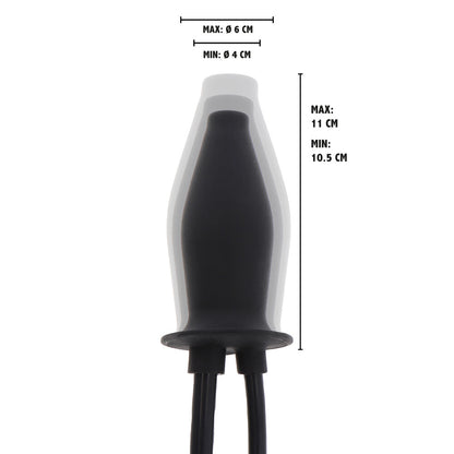 Close-up of a ribbed, flesh-toned anal plug with an inflation bulb and tube.