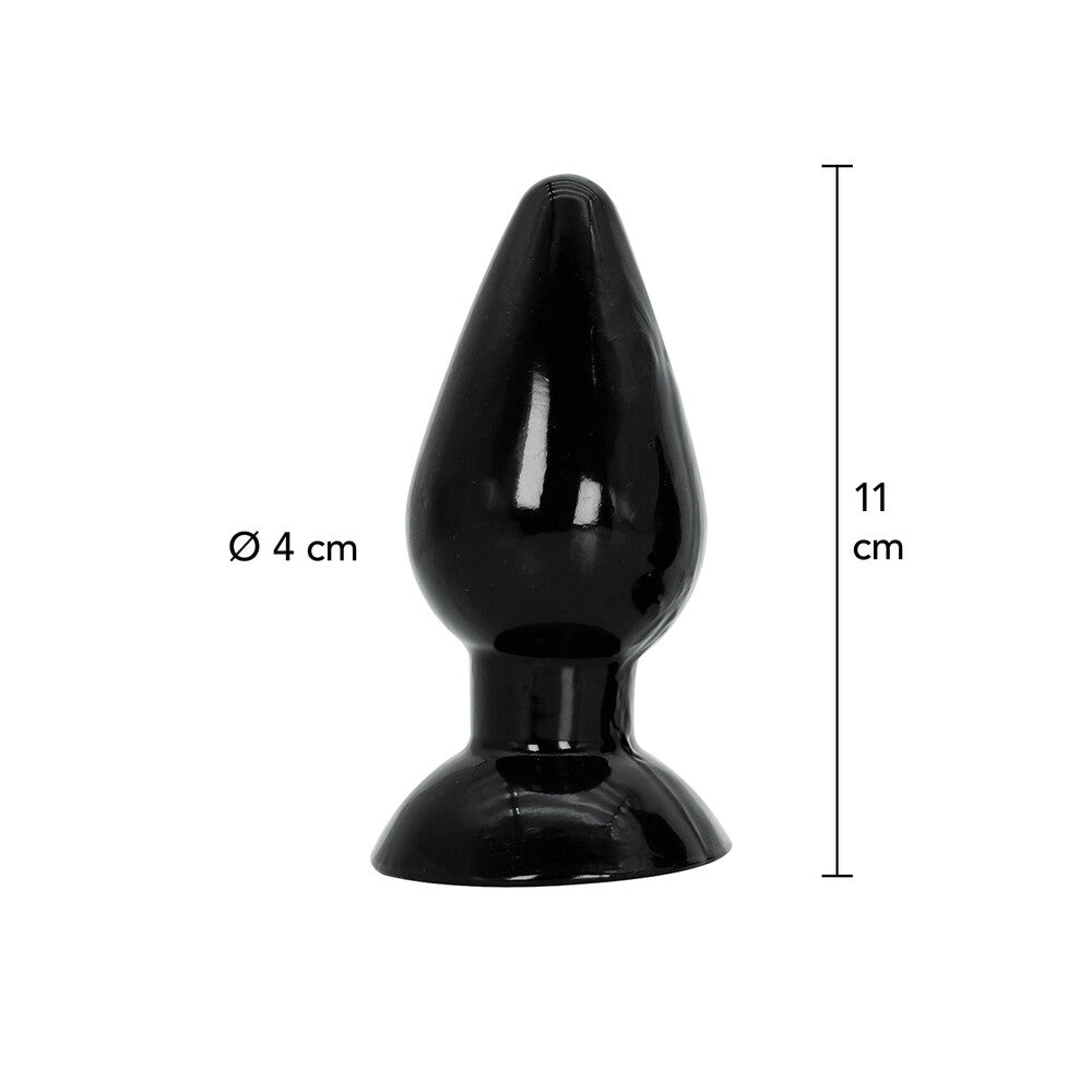 Medium, smooth, metallic extreme butt plug with a flared base for pleasure play