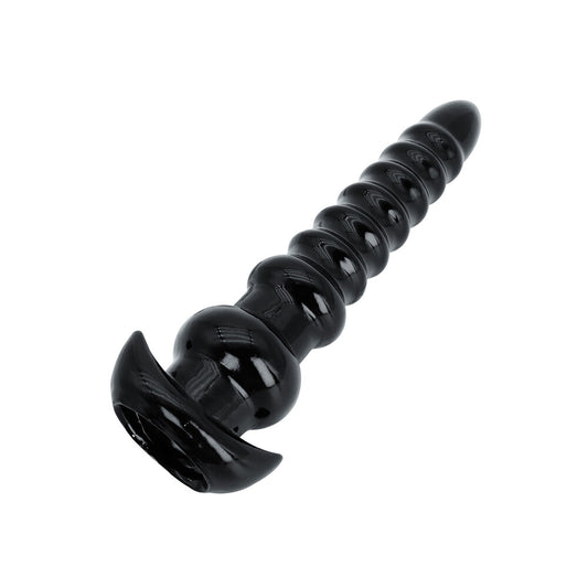 Extra large, shiny metal anal probe from hidden desire with a twisted, drill-like tip.