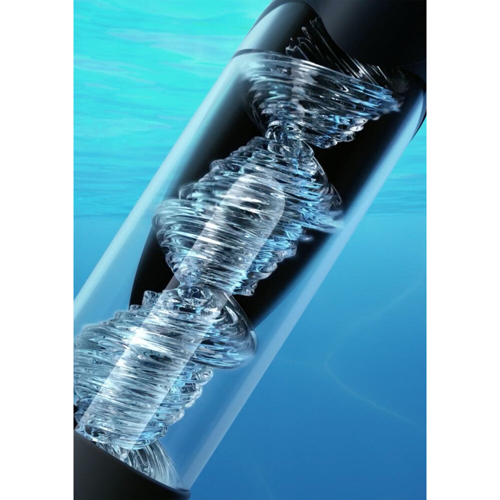 Hidden Desire Fusion X aqua pump, a clear cylinder with grey handle, for penis enlargement.