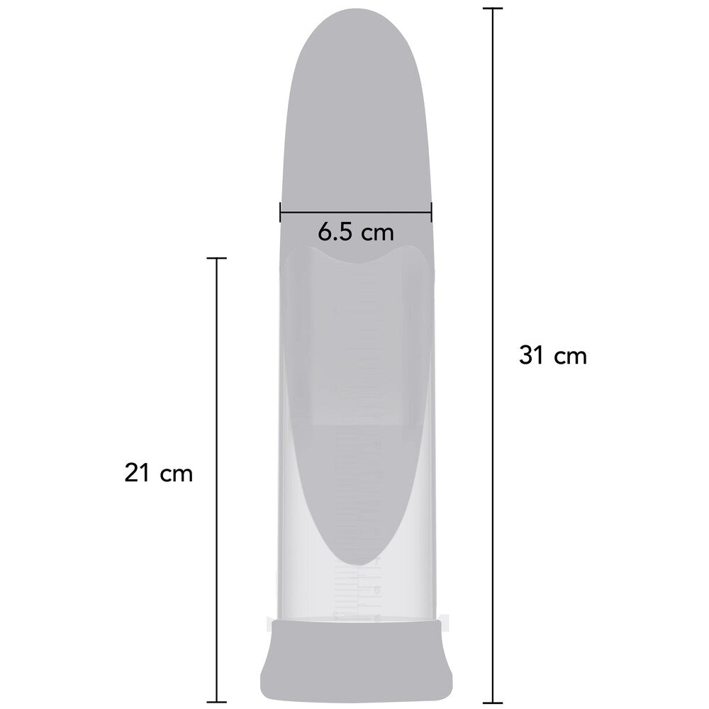 Hidden Desire Fusion X aqua pump: clear cylinder with blue handle, for penis enlargement.