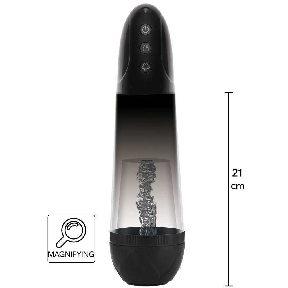 Close-up of a clear plastic penis enlargement pump from Hidden Desire, shows internal mechanism.