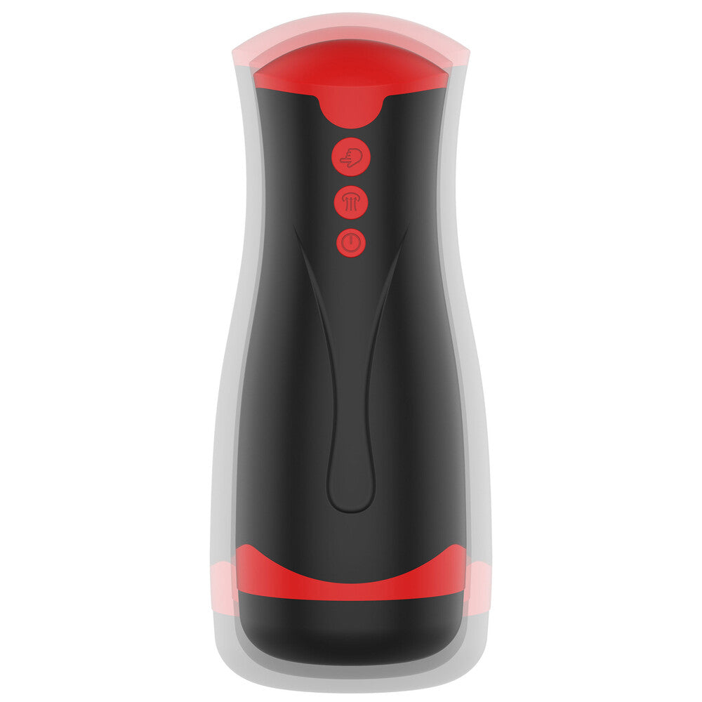 A deep-squeeze masturbator in a dark, velvety finish, vibrating for intense pleasure.