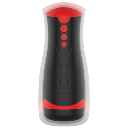 A deep-squeeze masturbator in a dark, velvety finish, vibrating for intense pleasure.