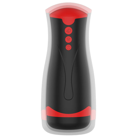 A deep-squeeze masturbator in a dark, velvety finish, vibrating for intense pleasure.