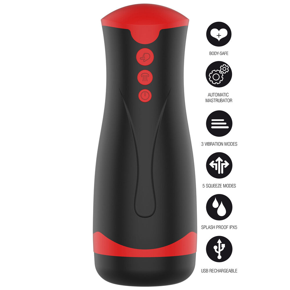 Vibrating deep squeeze masturbator in a smooth, dark finish, part of the fusion x range.