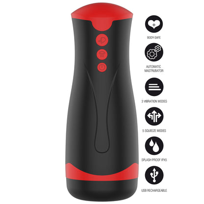 Vibrating deep squeeze masturbator in a smooth, dark finish, part of the fusion x range.