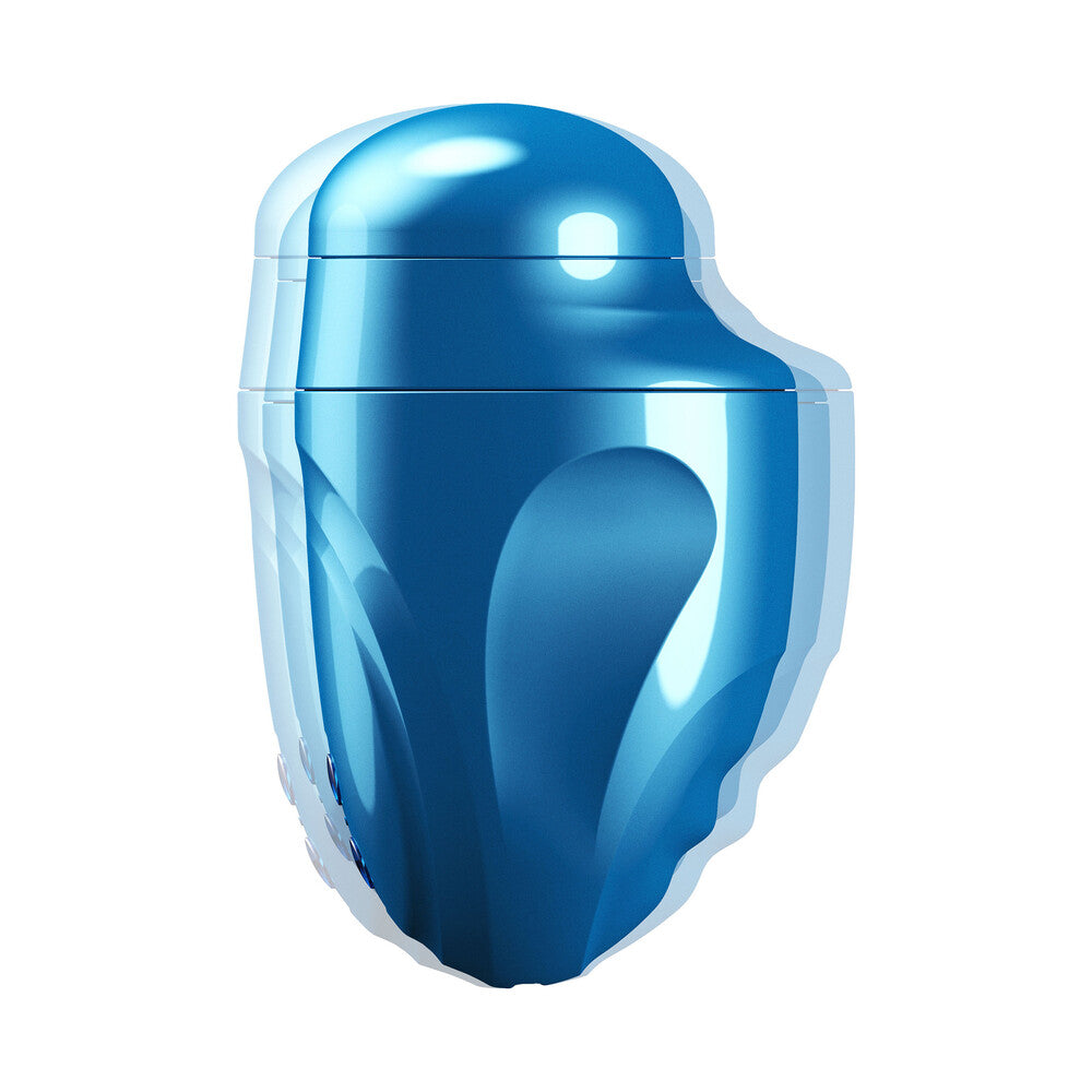 Aqua coloured, textured pleasure toy with internal vibrations for solo male fun.