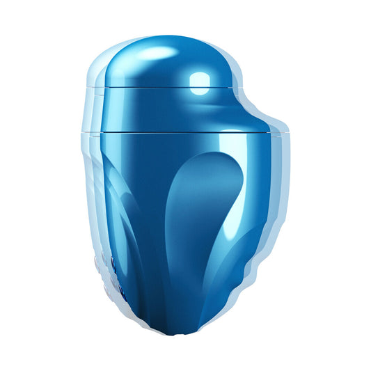 Aqua coloured, textured pleasure toy with internal vibrations for solo male fun.