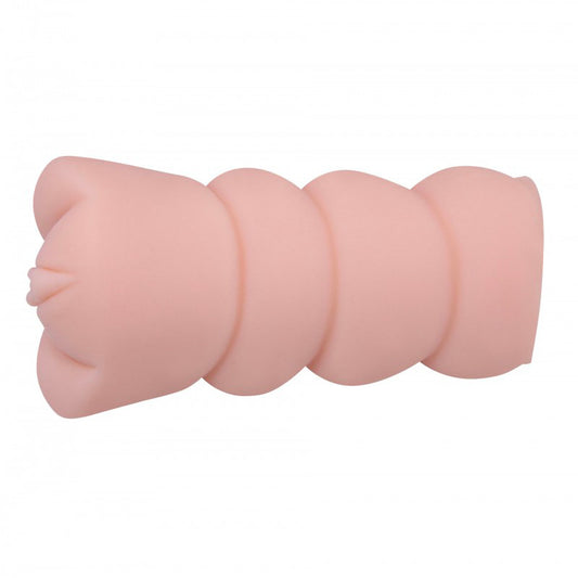Close-up of a small, wet-look travel masturbator with a textured inner sleeve for personal pleasure.