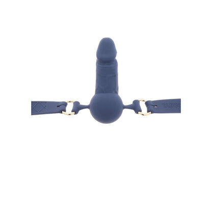 Black silicone ball gag with an open mouth design, a kinky essential for playful domination.