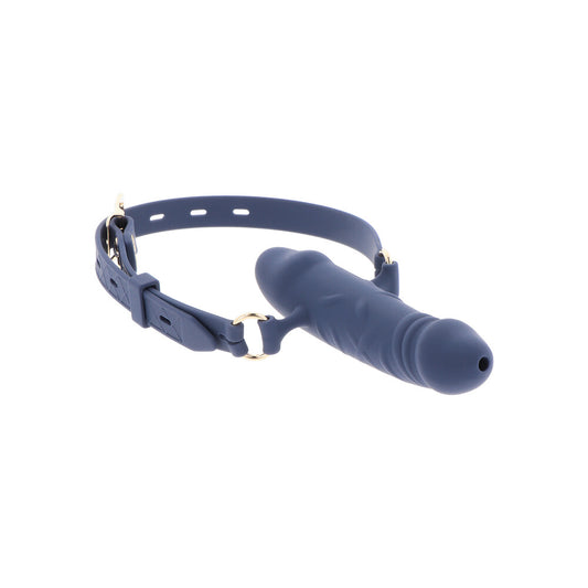 Black silicone Taboom penis gag, breathable design with prominent ventilation holes for kinky fun.