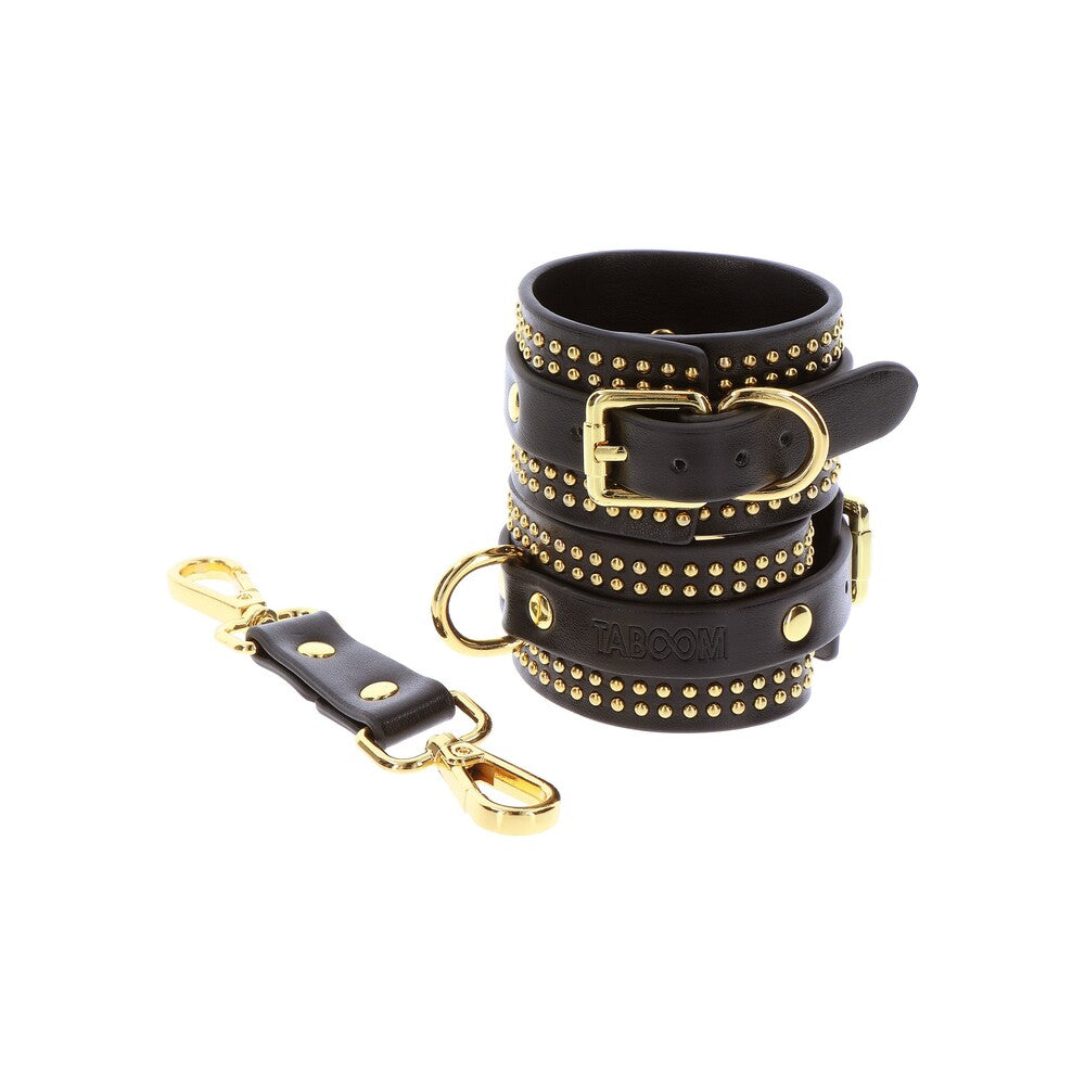 Taboom vogue studded ankle cuffs set, black restraints with shiny silver studs for playful bondage.