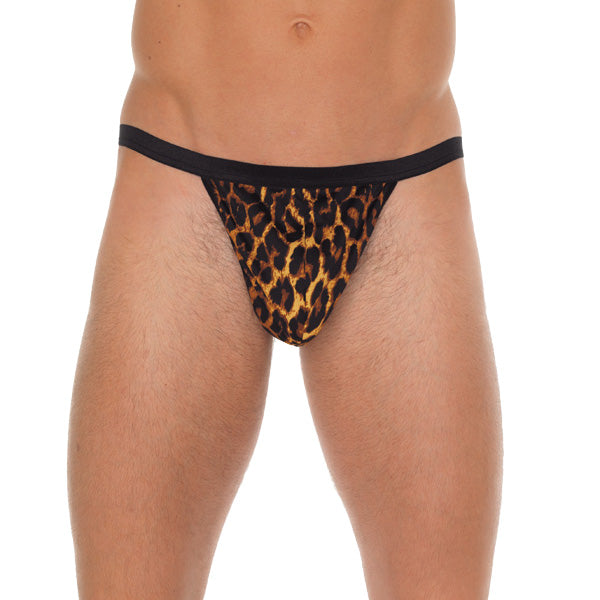 A black Rimba men's g-string with a leopard print pouch, a cheeky male underwear option.
