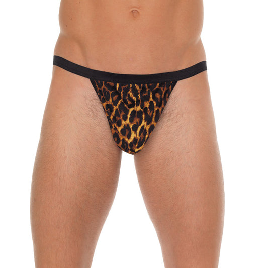 A black Rimba men's g-string with a leopard print pouch, a cheeky male underwear option.
