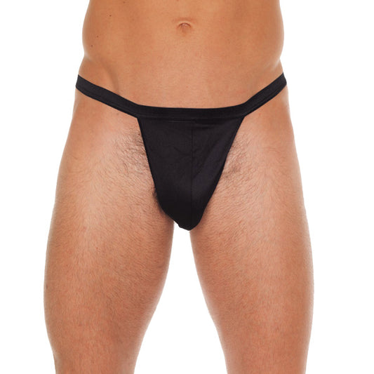Black straight-cut g-string for men with a comfortable black pouch, ideal for everyday wear.