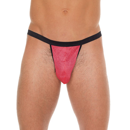 A close-up of a men's black g-string with a contrasting pink pouch.