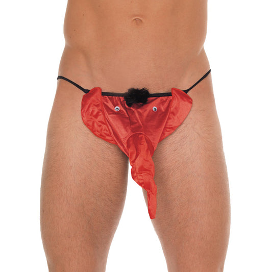 Men's black g-string featuring a novelty red elephant animal pouch design, for blokes.
