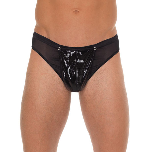 rimba mens black g-string with a shiny pvc pouch for a bold, confident look.