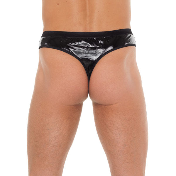 Rimba men's black g-string featuring a pvc pouch, ideal for a bold, sleek look.