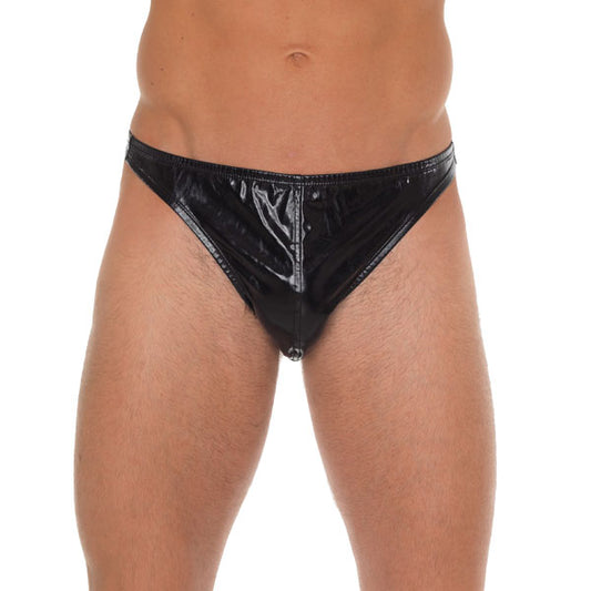 A black, shiny g-string for men, showcasing the Rimba design with a sleek, minimalist style.