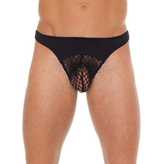 Rimba men's black g-string featuring a net pouch, suitable for male underwear.