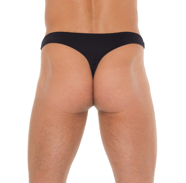 Men's black g-string featuring a net pouch, ideal for male comfort and style.