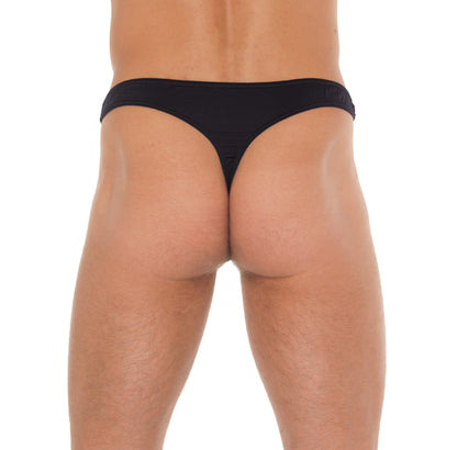 Men's black g-string featuring a net pouch, ideal for male comfort and style.