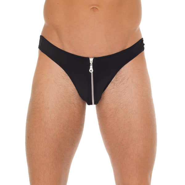Rimba men's black g-string with a pouch and distinctive zipper detail, male underwear