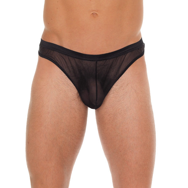 A black mesh g-string for men, showcasing the lightweight and breathable design.