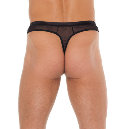 A black mesh g-string for men, showing a close fit and breathable design.