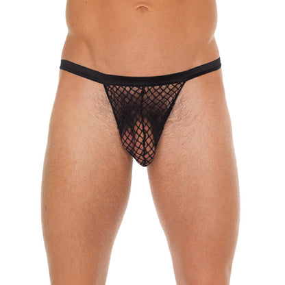 Men's black g-string with a breathable black net pouch, designed for male comfort.