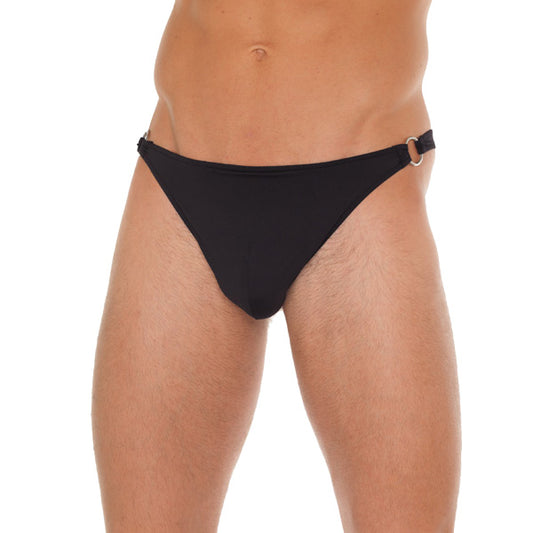 Rimba men's black g-string featuring metal hoop connectors for a daring, stylish look.