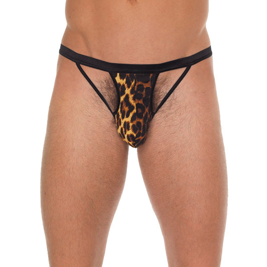 Rimba men's black g-string with black straps and an animal print pouch, male underwear