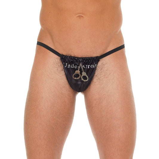 A black Rimba g-string for men, featuring a playful handcuff-shaped pouch detail, male underwear