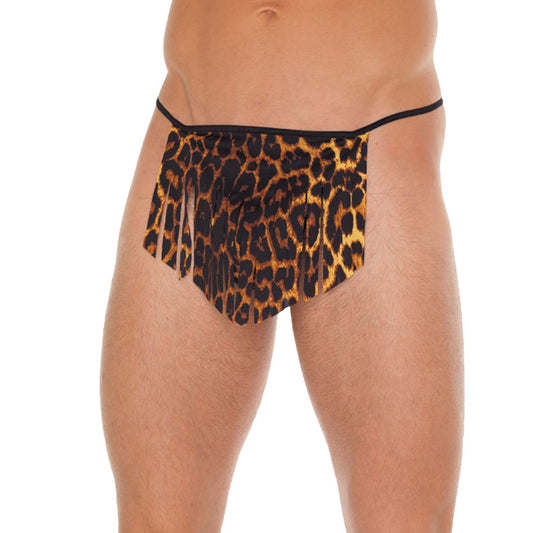 A chap wearing a black g-string with a cheeky leopard print loincloth, for chaps.